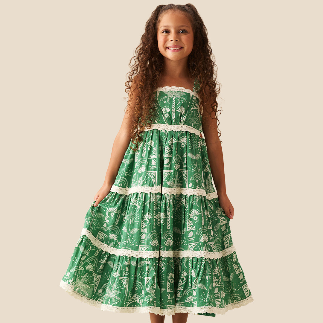 Kinsley Palm Print Lace Trim Tiered Dress - Angel & Rocket