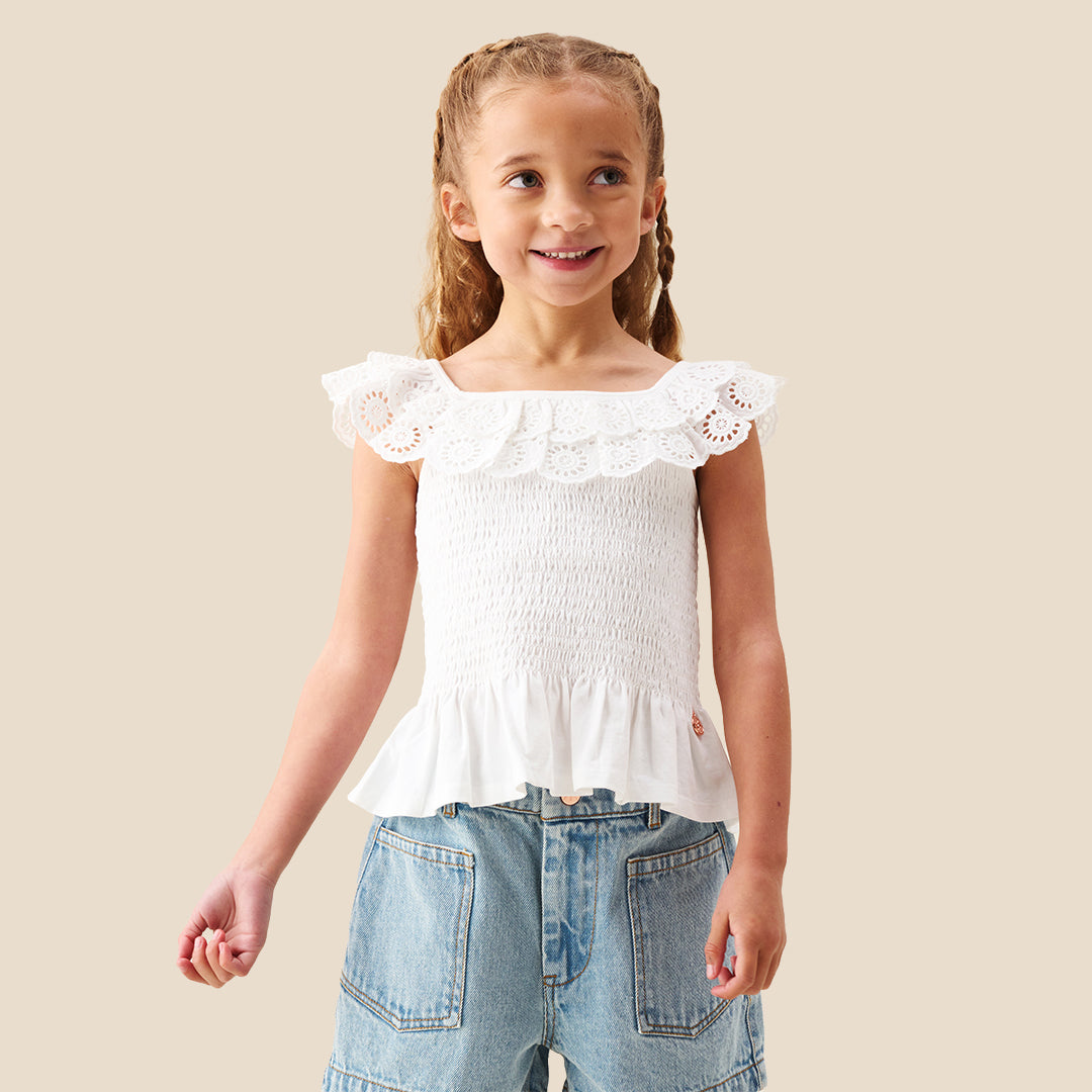 Charlie Broderie Frill Shirred Vest Top - Angel & Rocket