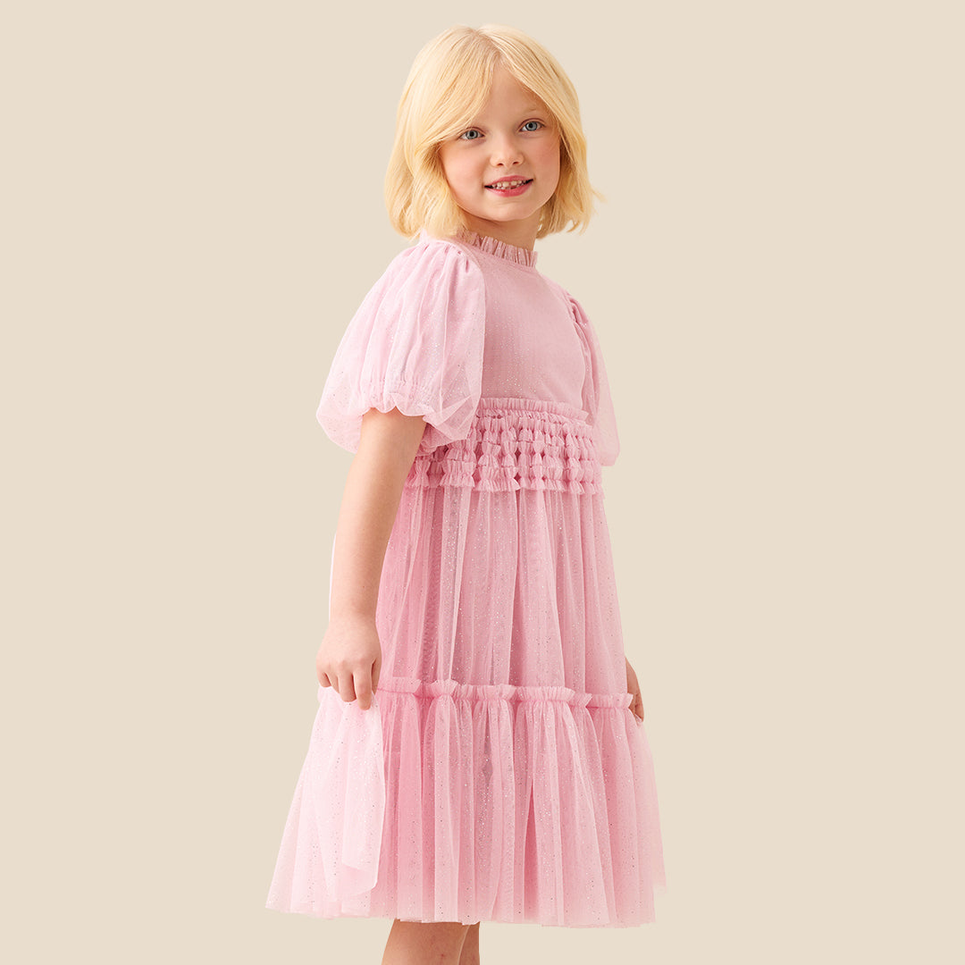 Madison Puff Sleeve Ruffle Waist Mesh Dress
