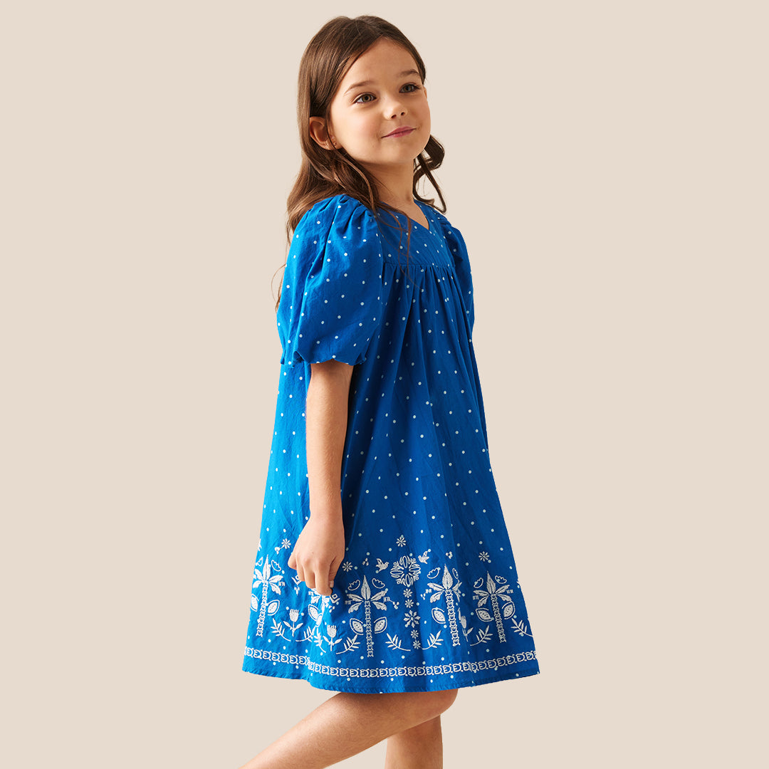 Josie Palm Embroidered Swing Dress - Blue