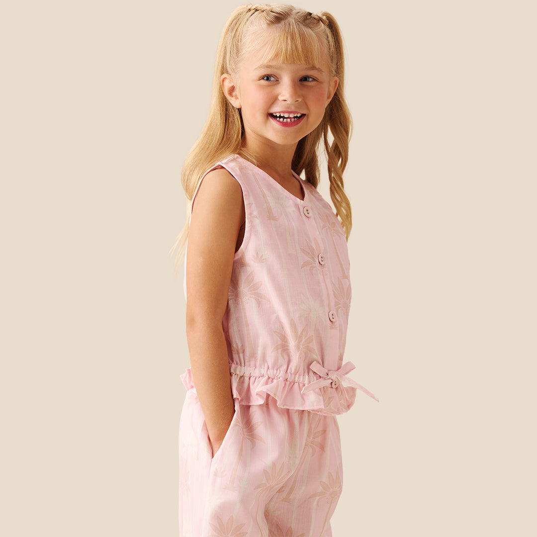 Sarah Pink Palm Print Tie Waistcoat Top