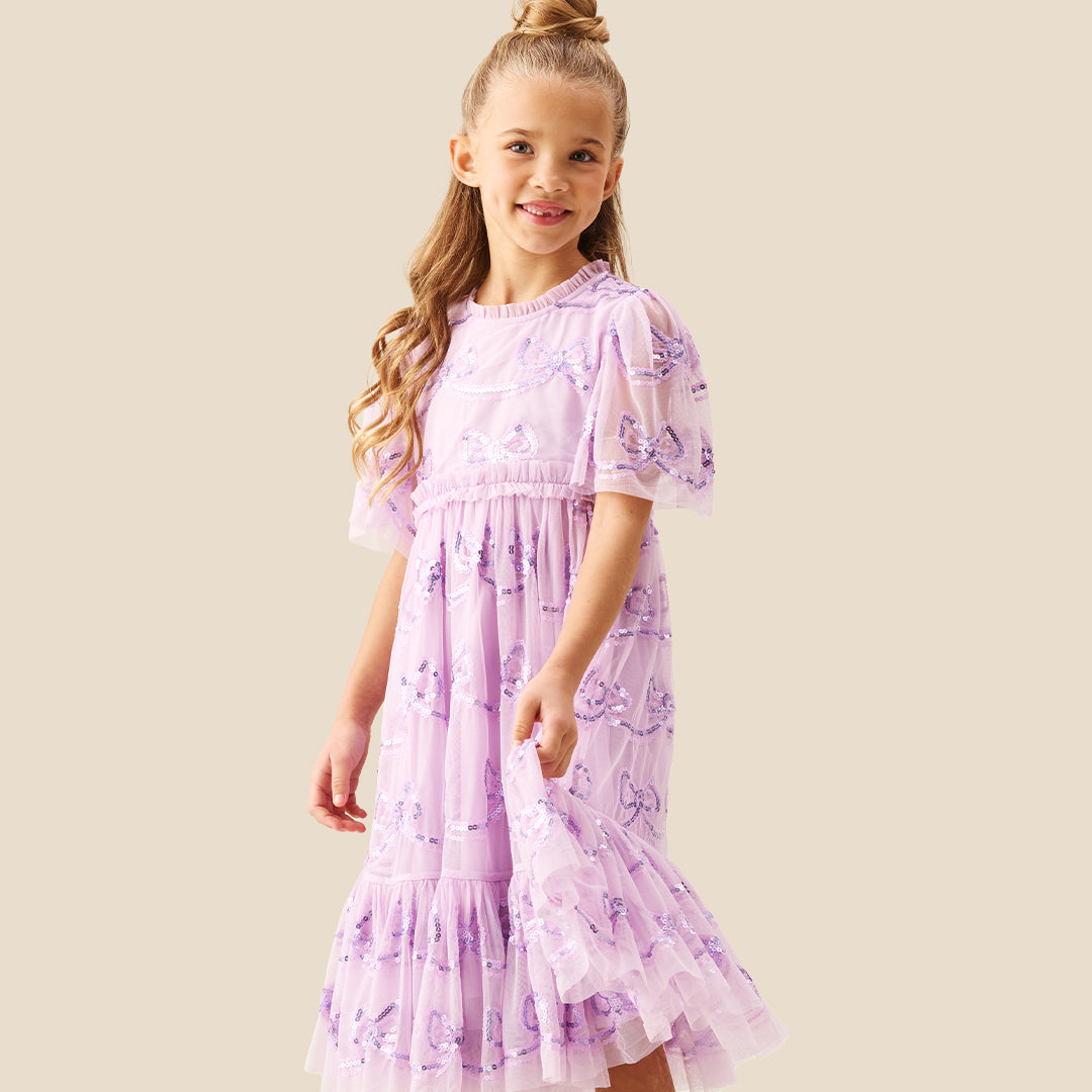 Delta Purple Bow Sequin Mesh Dress