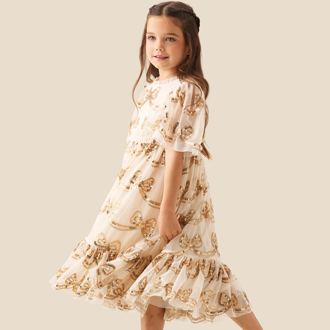 Delta Champagne Sequin Bow Dress