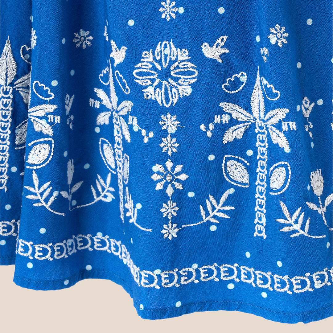 Josie Palm Embroidered Swing Dress - Blue