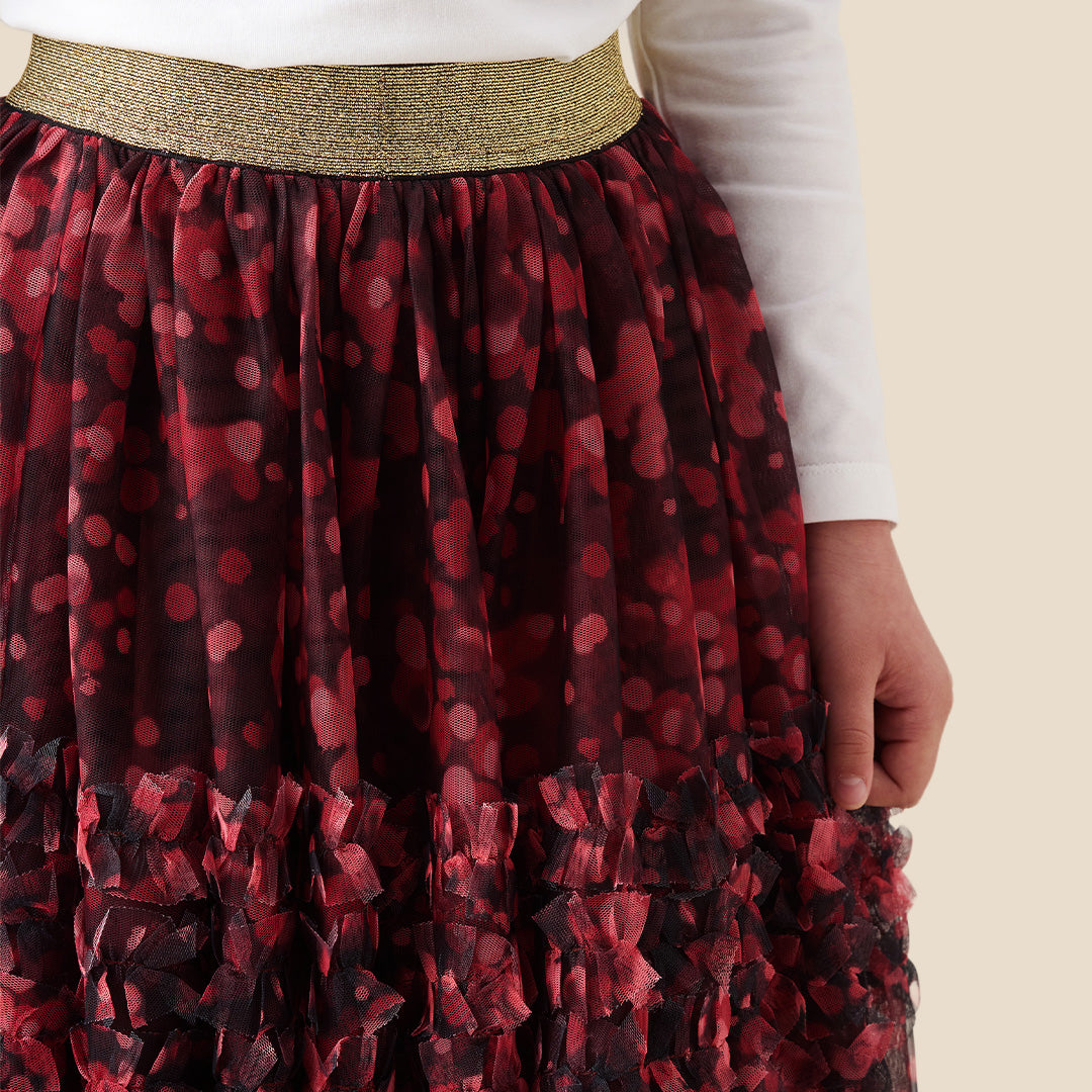 A child wearing a white long-sleeve top and a tiered tulle skirt in dark red and black floral print with a gold waistband, shown against a plain beige background.