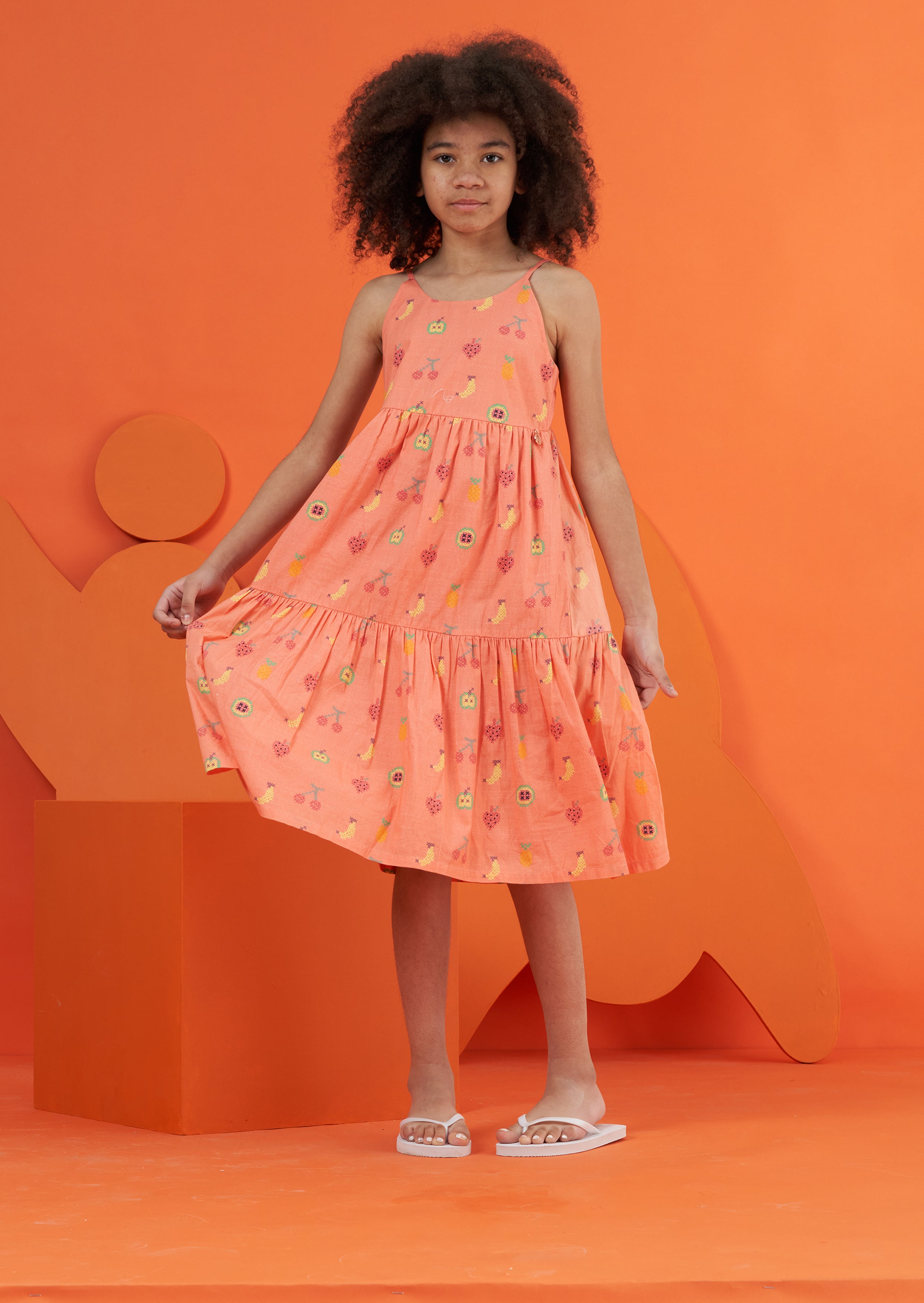 Girls Cotton Pink Fruits Printed Casual Dresses