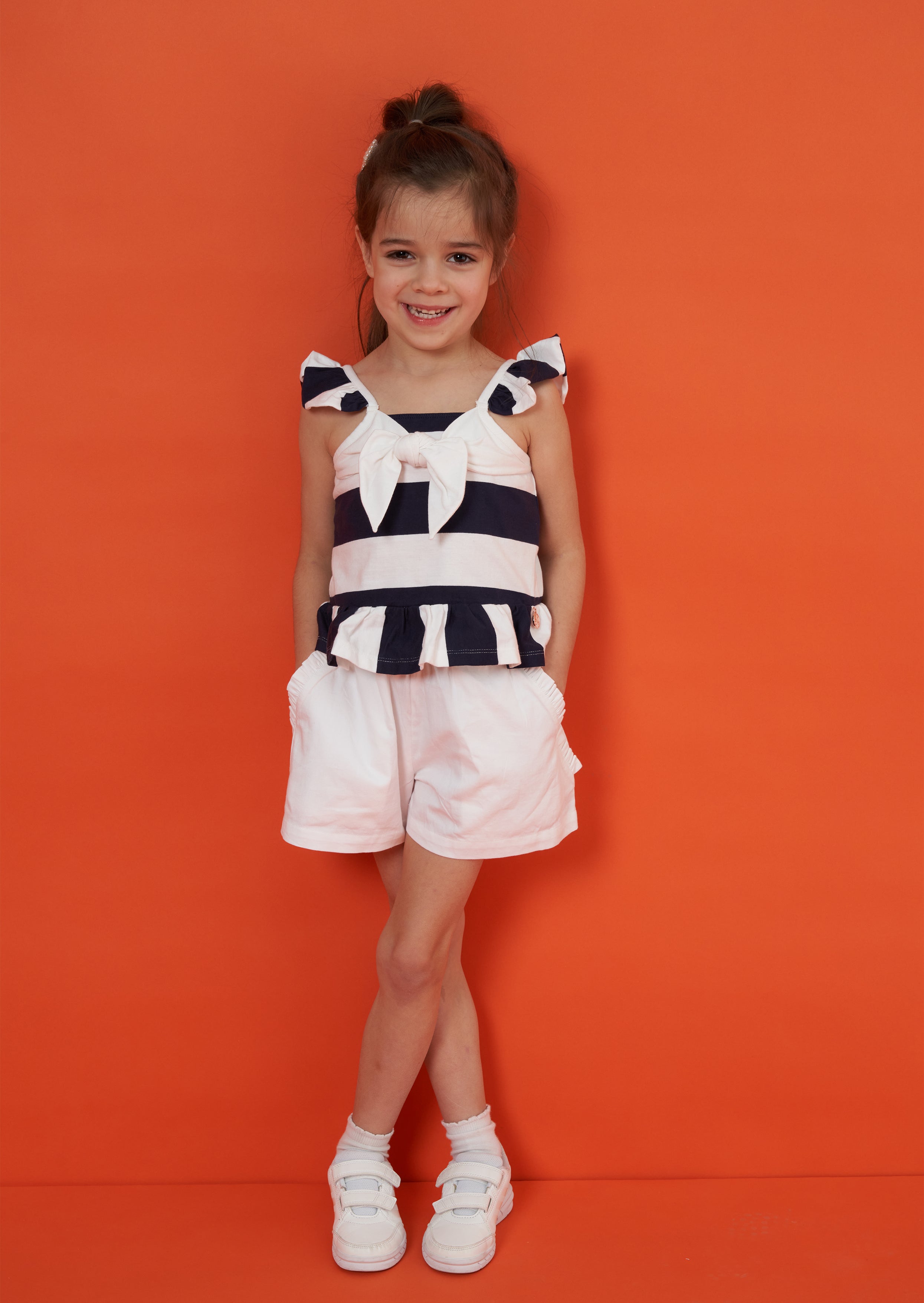Girls White and Navy Striped Cotton Top