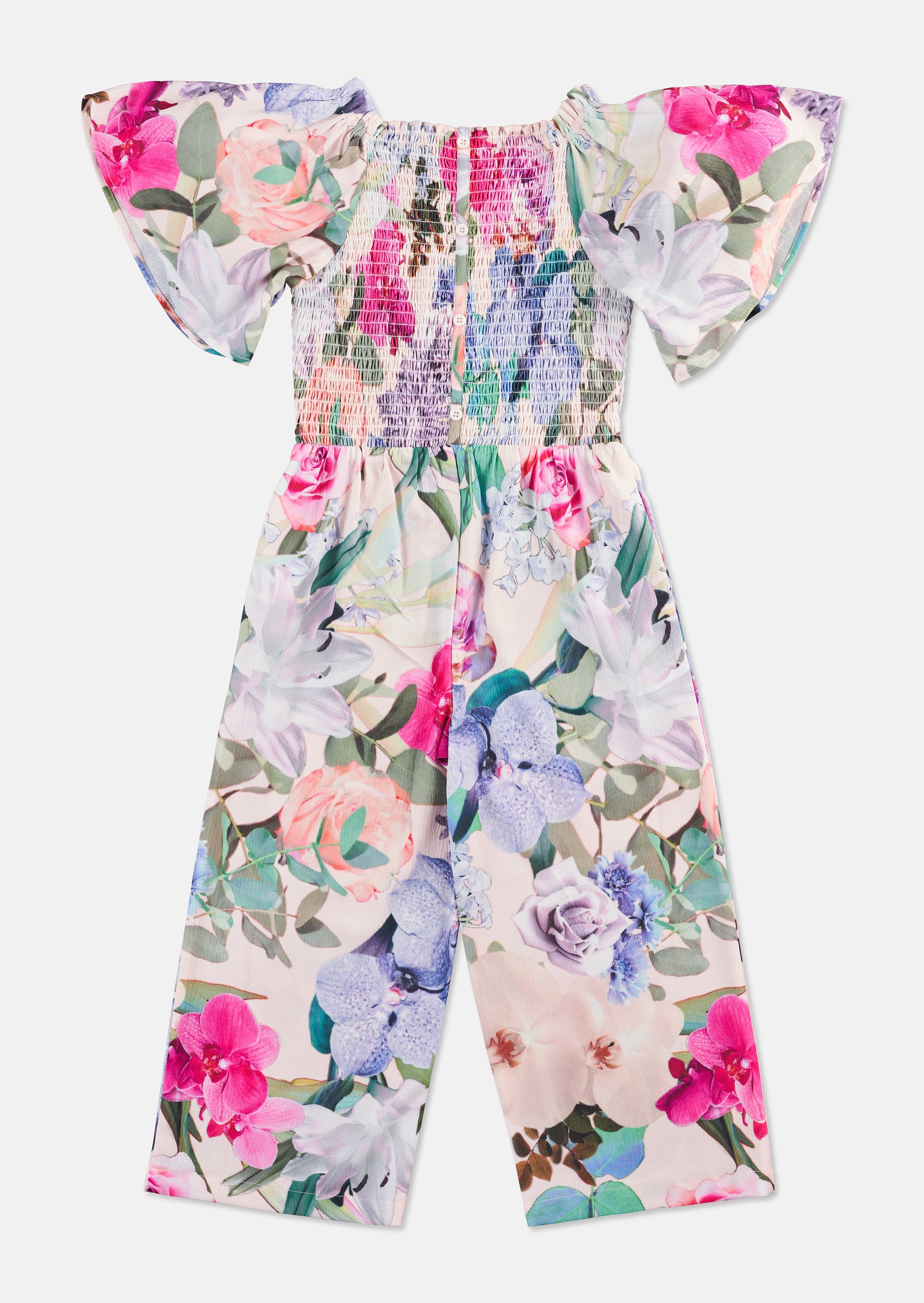 Girls Floral Printed Jumpsuit with Angel Sleeves
