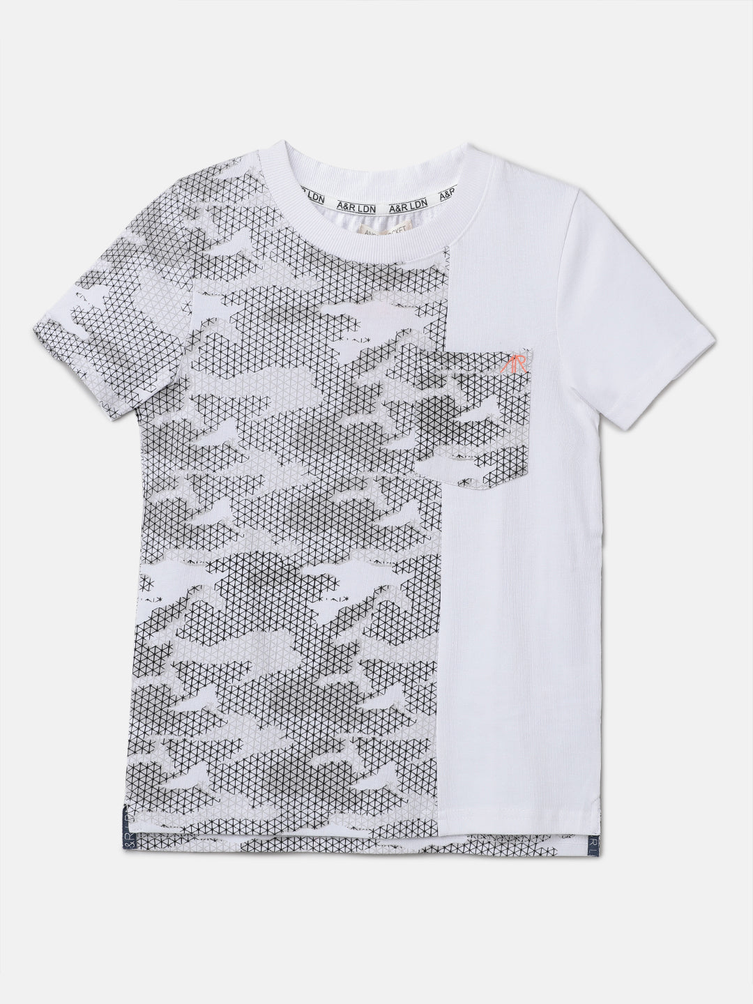 Boys White Colour Block Printed T-Shirt with Pocket
