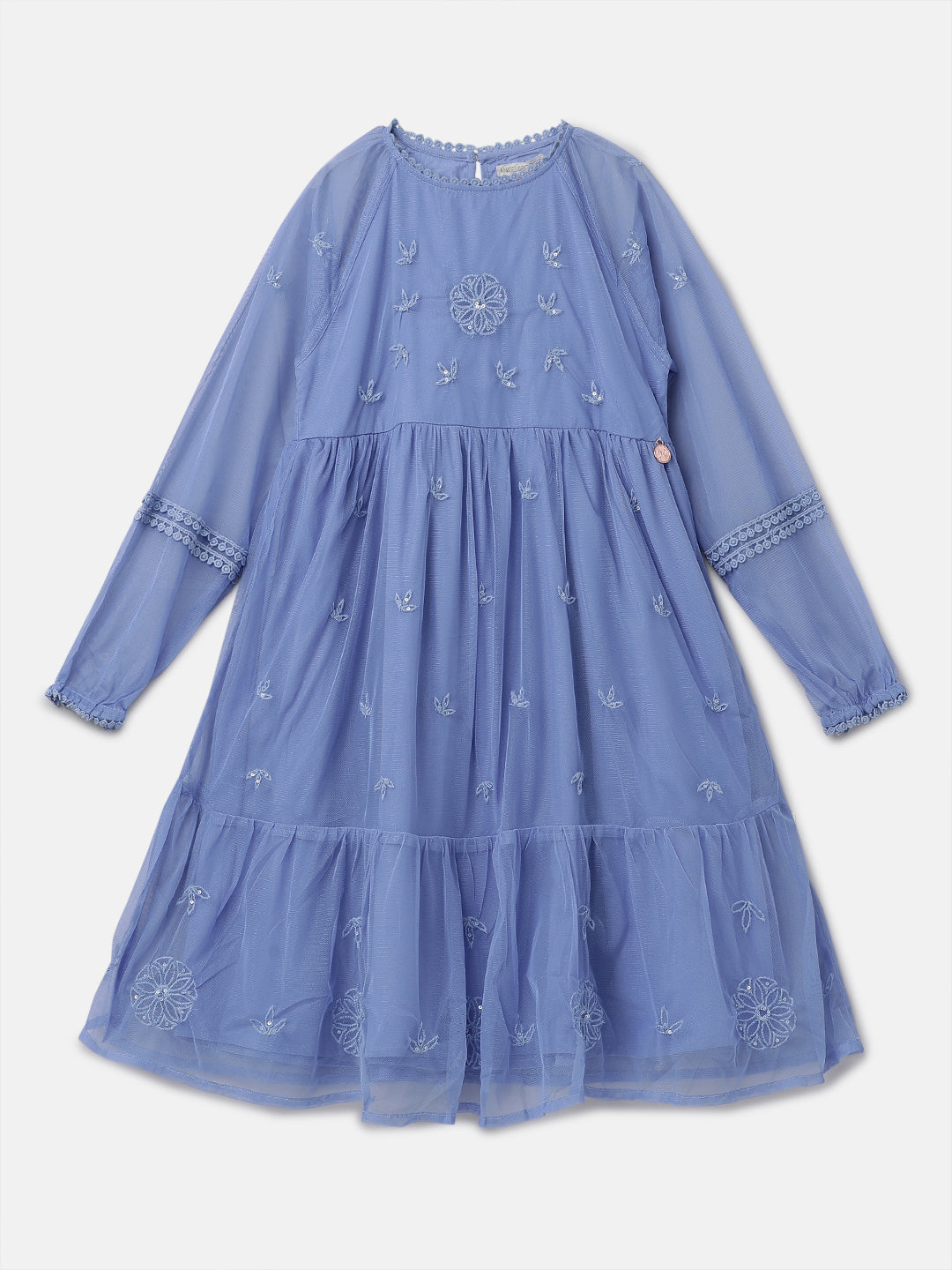Girls Floral Embroidered Blue Boho Premium Dress