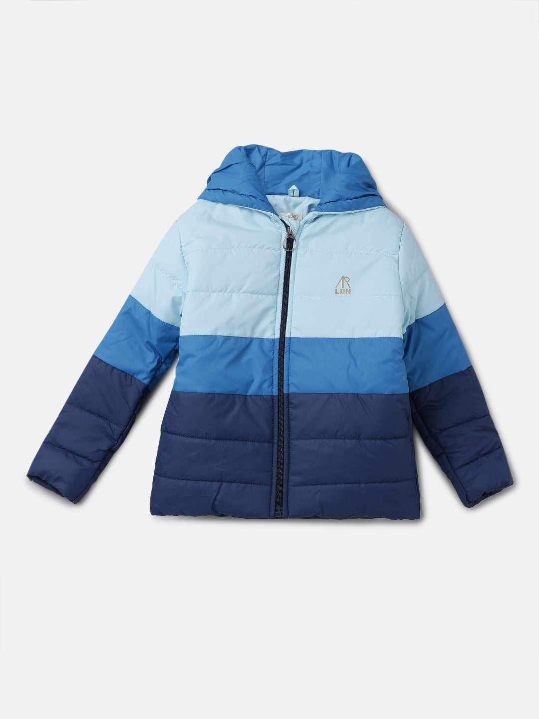 Girls Colour Blocked Puffa Jacket Blue with Hood