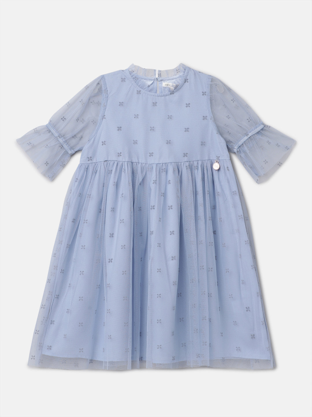 Girls Solid Blue Printed Swing Dress