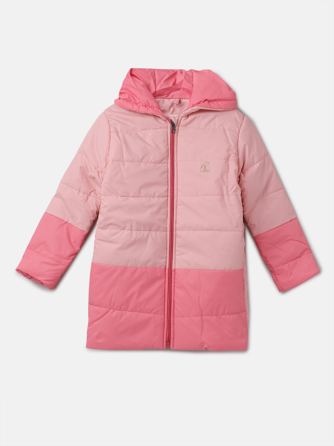 Girls Pink Colour Blocked Puffa Jacket with Hood