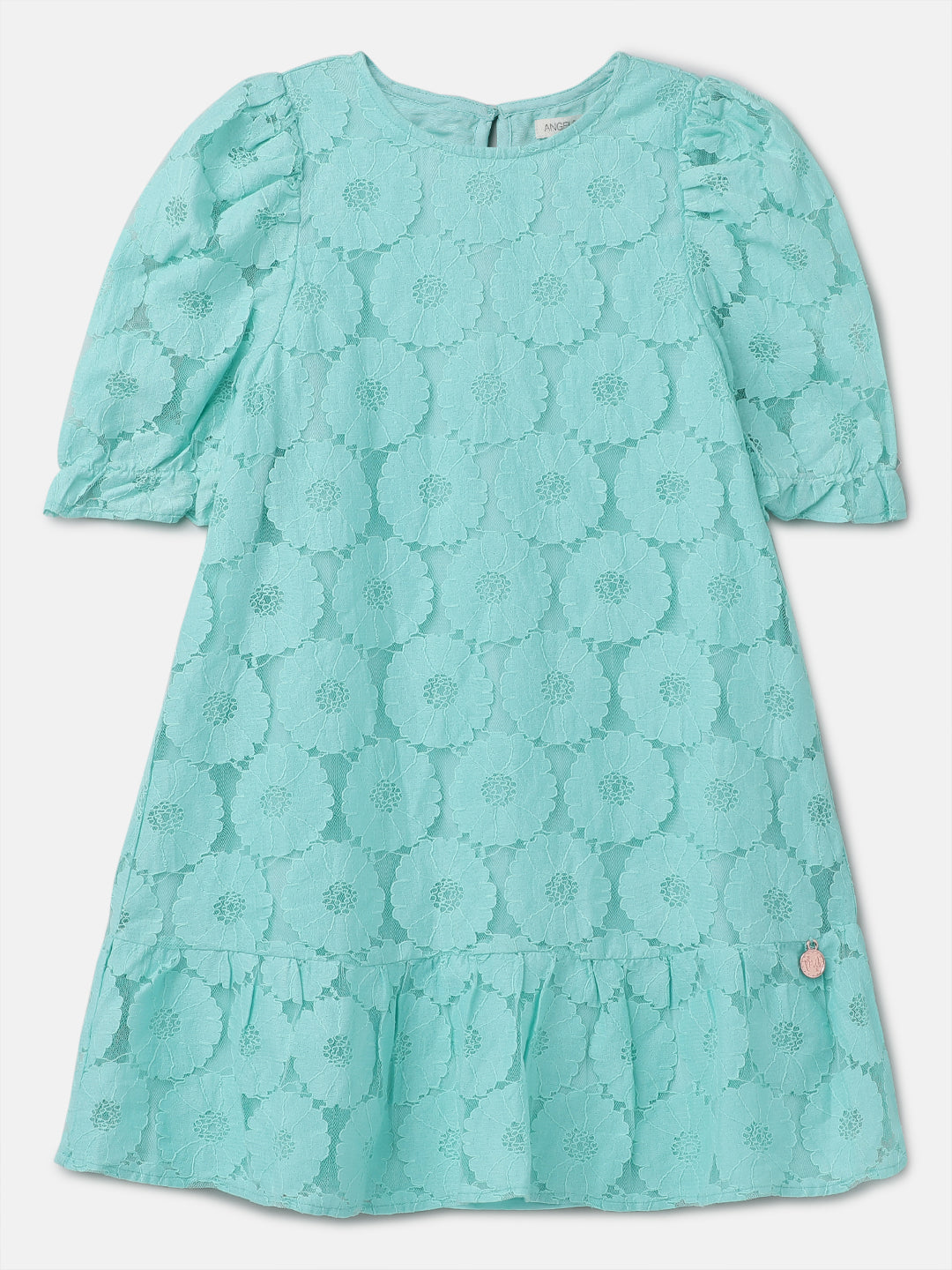 Girls Green Floral Printed Lace Dress