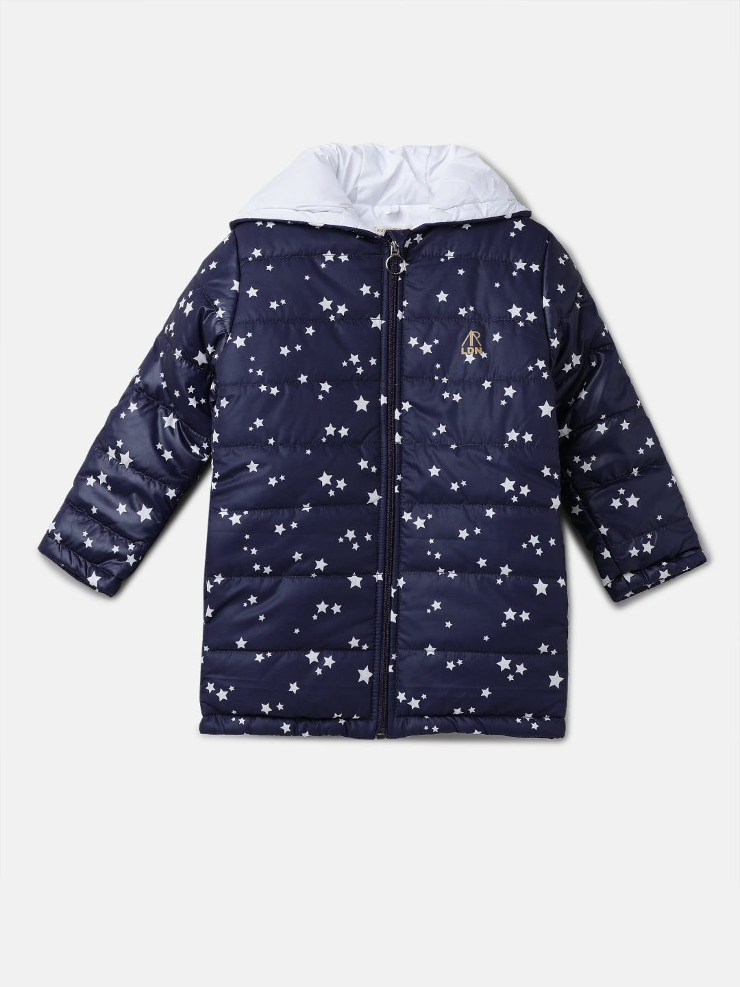 Girls Star Printed Navy Puffa Jacket with Hood
