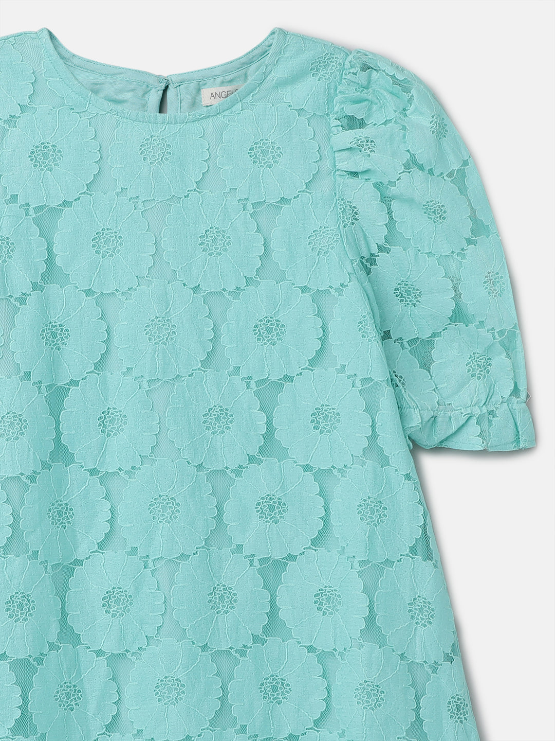 Girls Green Floral Printed Lace Dress