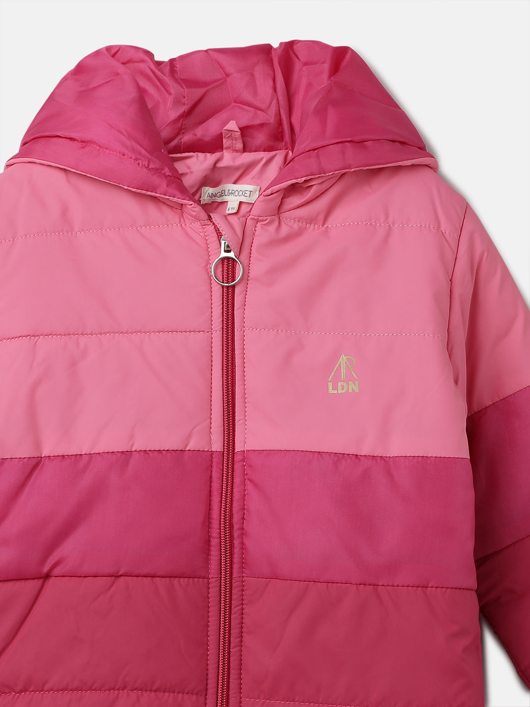 Girls Colour Blocked Puffa Jacket Pink with Hood