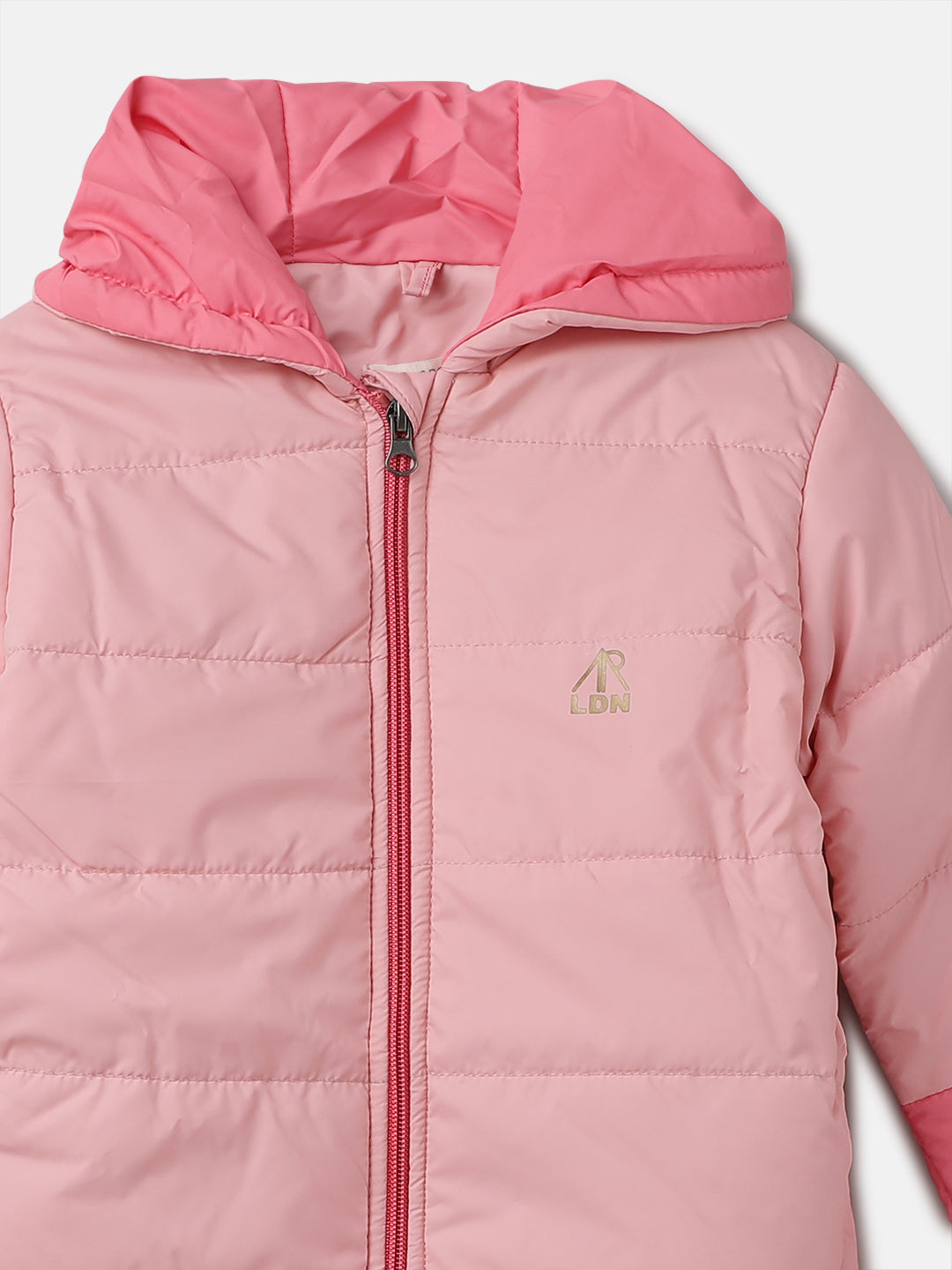 Girls Pink Colour Blocked Puffa Jacket with Hood