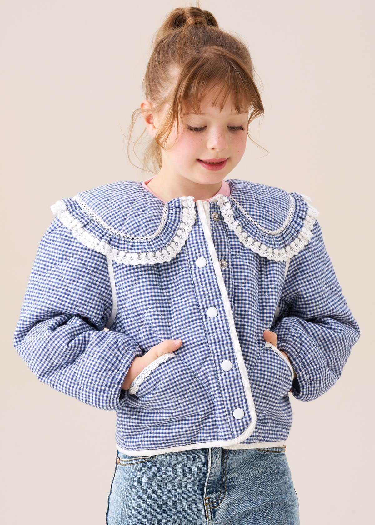 Girls Quilted Lace Trim Collar Jacket