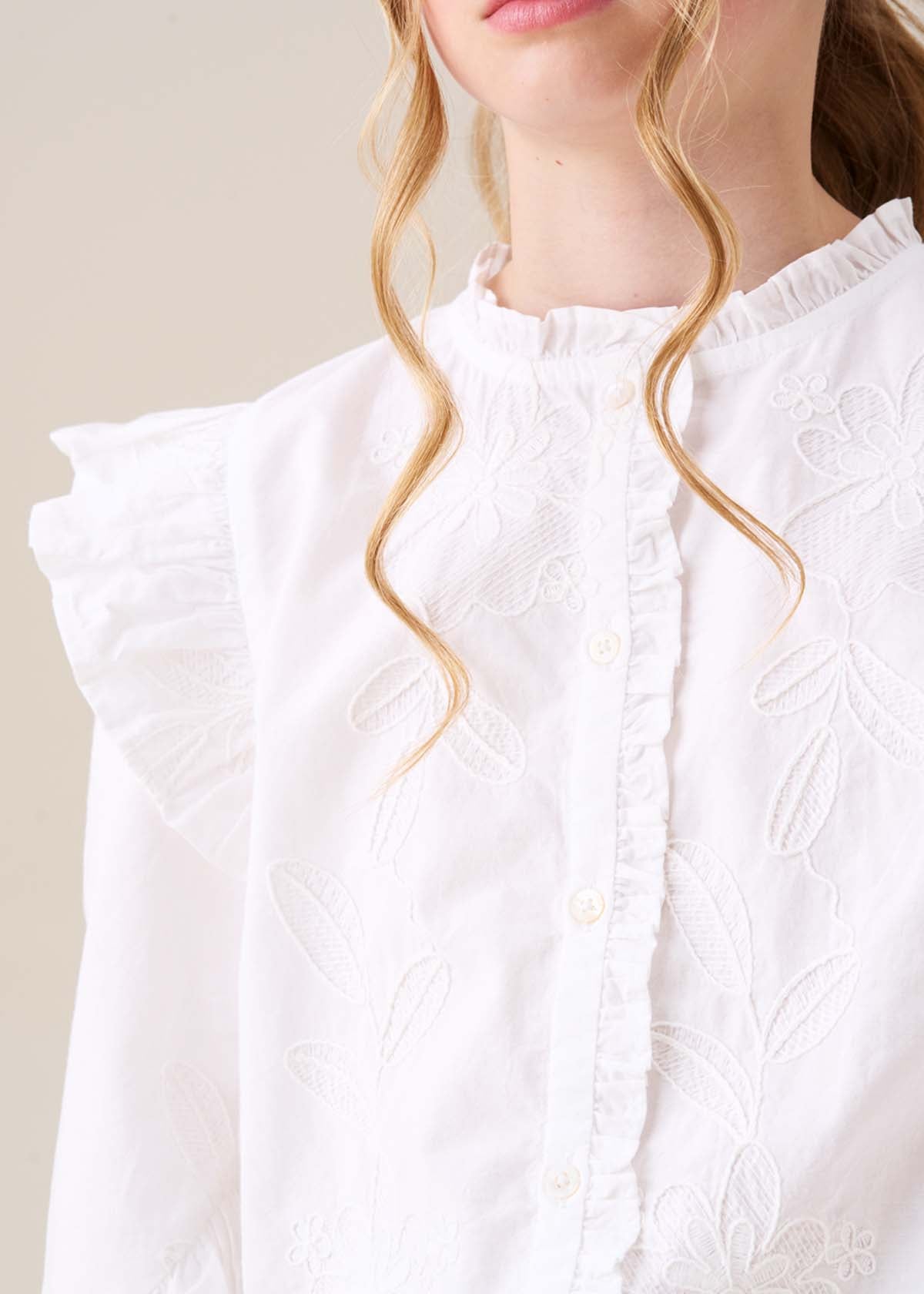 cotton Embroidered Frill Sleeve Blouse