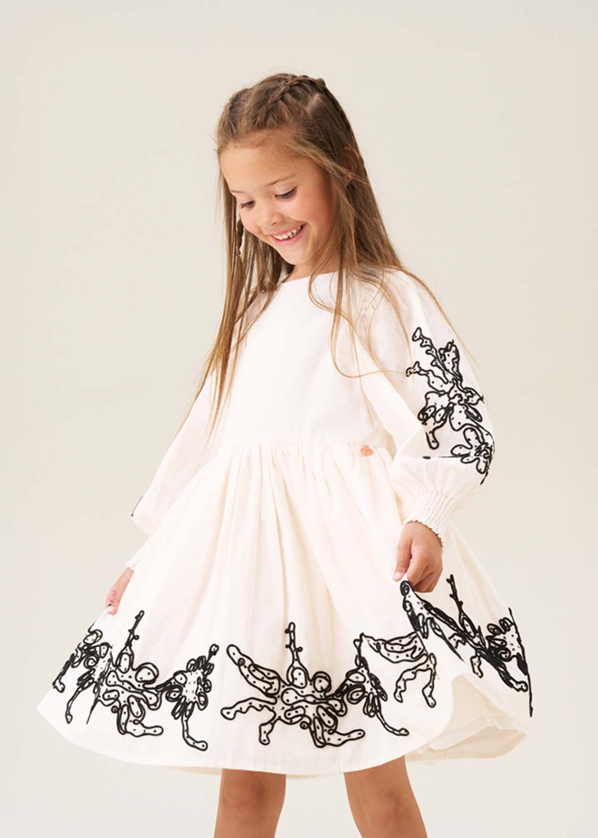 Girls Embroidered Balloon Sleeve Dress