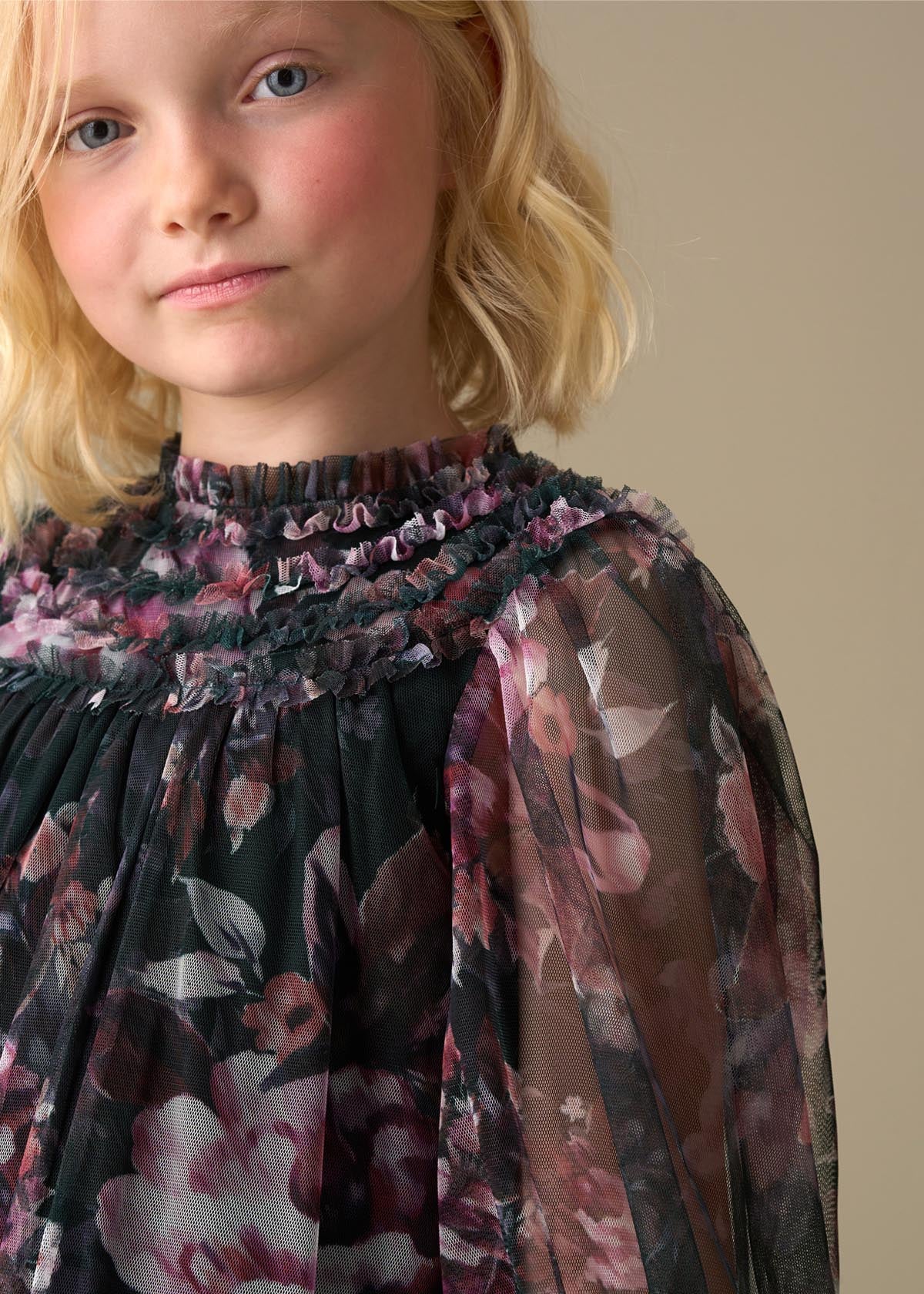 midi girl ruffle print mesh dress