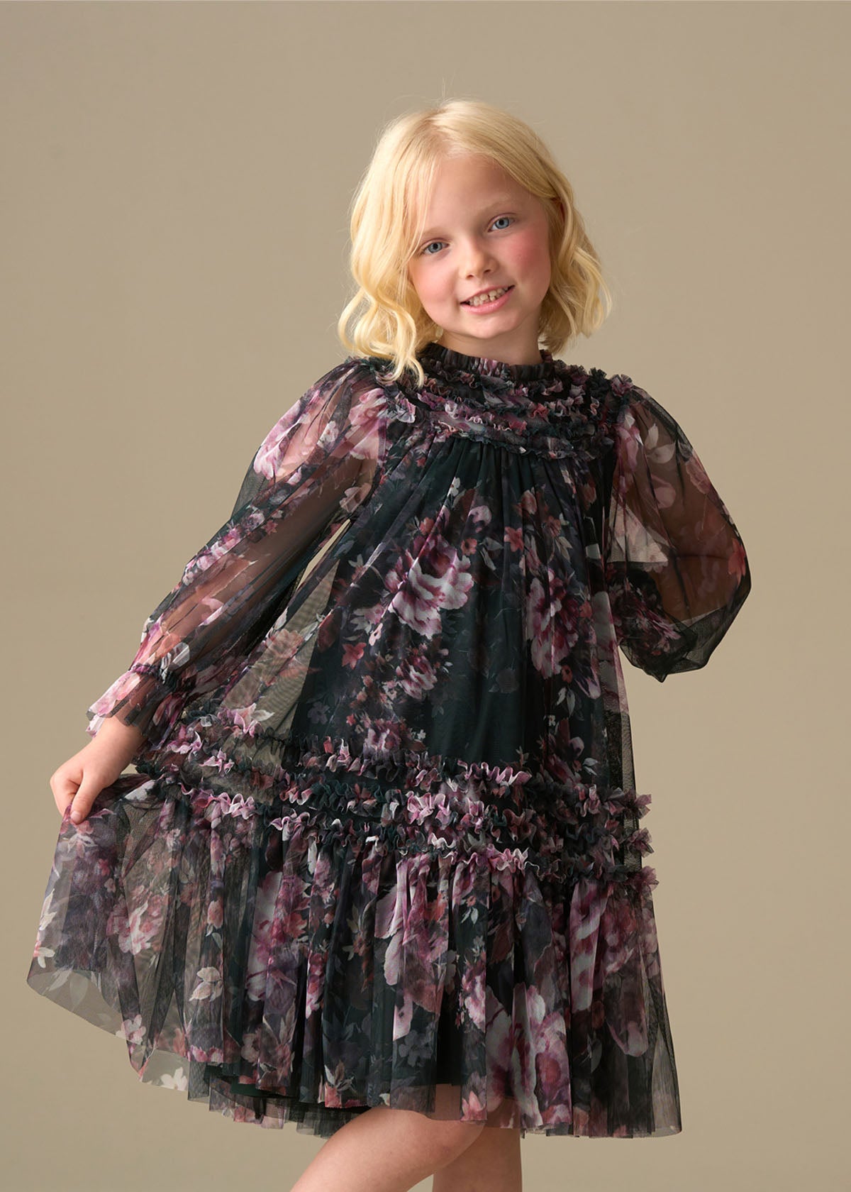 maxi girl ruffle print mesh dress