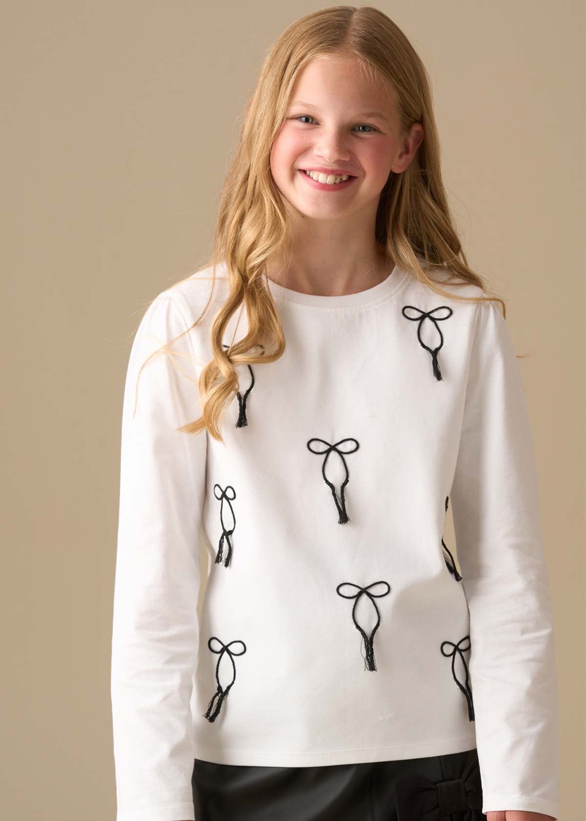 Imogen Embroidered Bow Ls Top - White