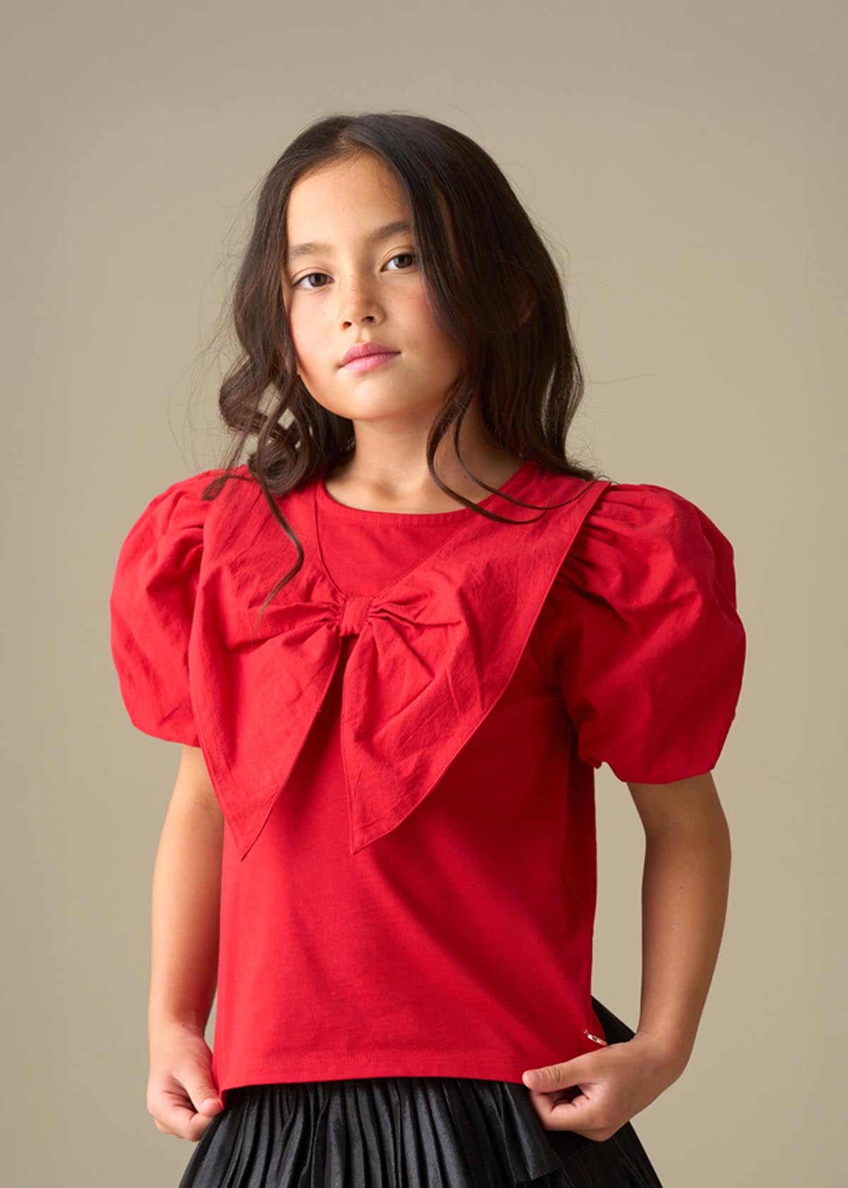 Tilly Woven Collar Puff Sleeve Top - Red
