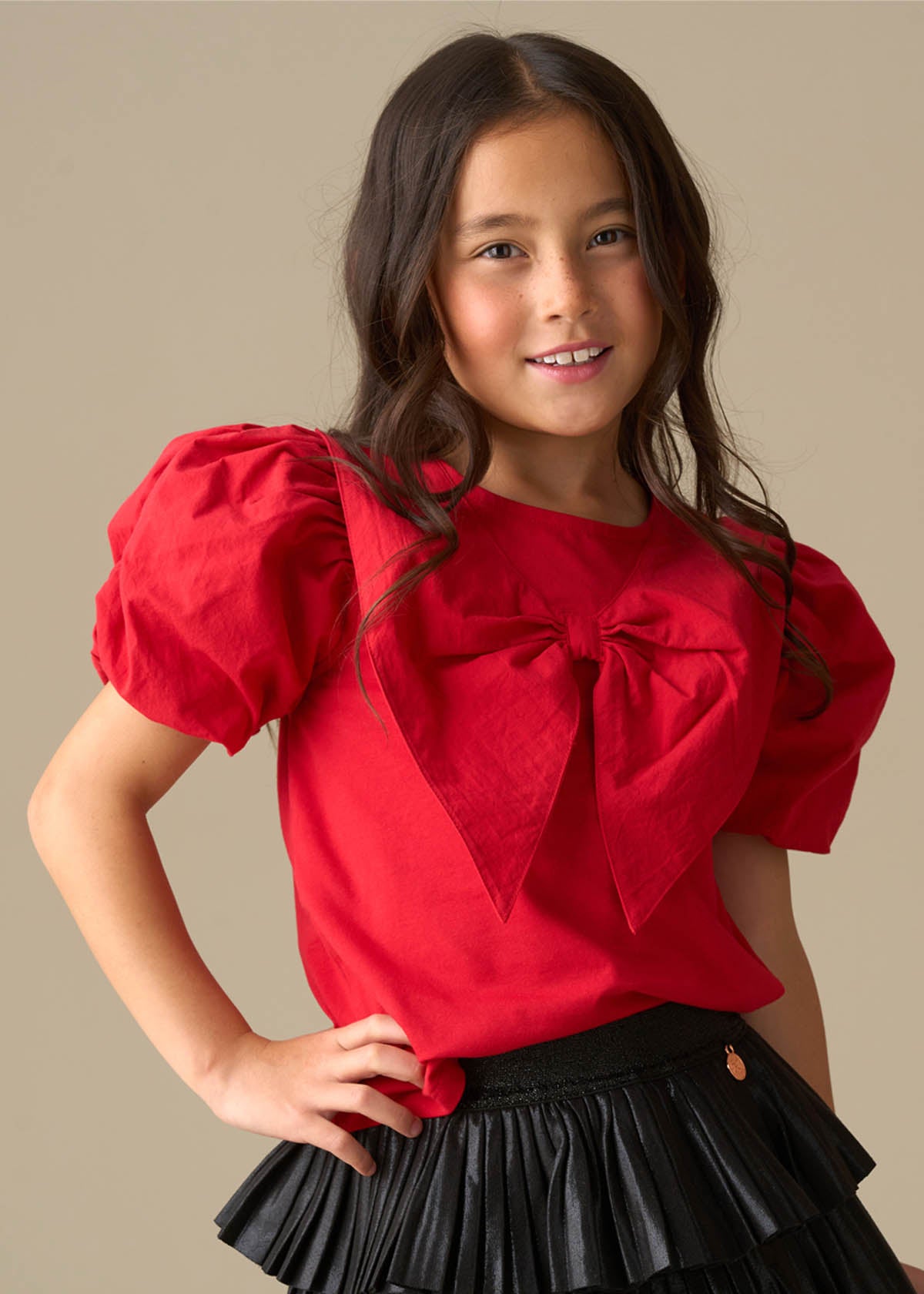Tilly Woven Collar Puff Sleeve Top - Red