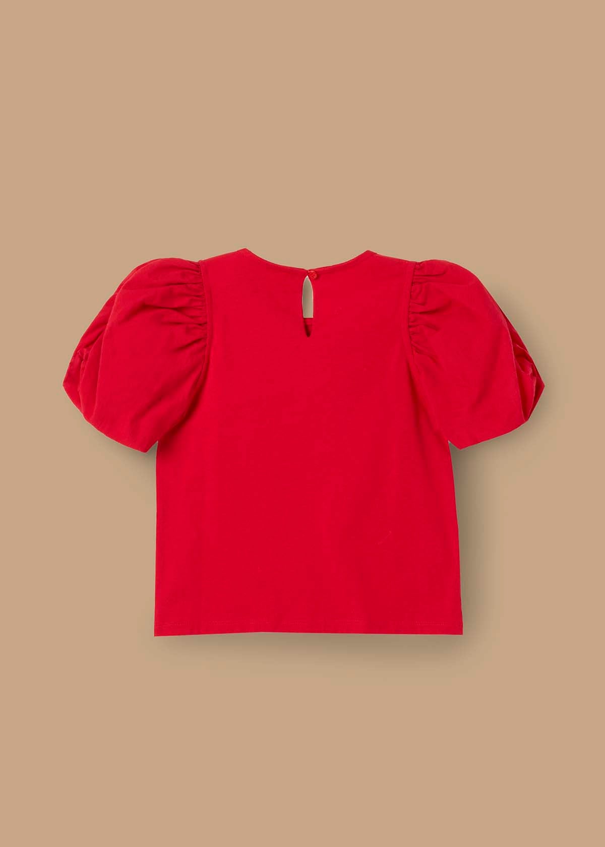 short sleeve girl woven collar puff top red