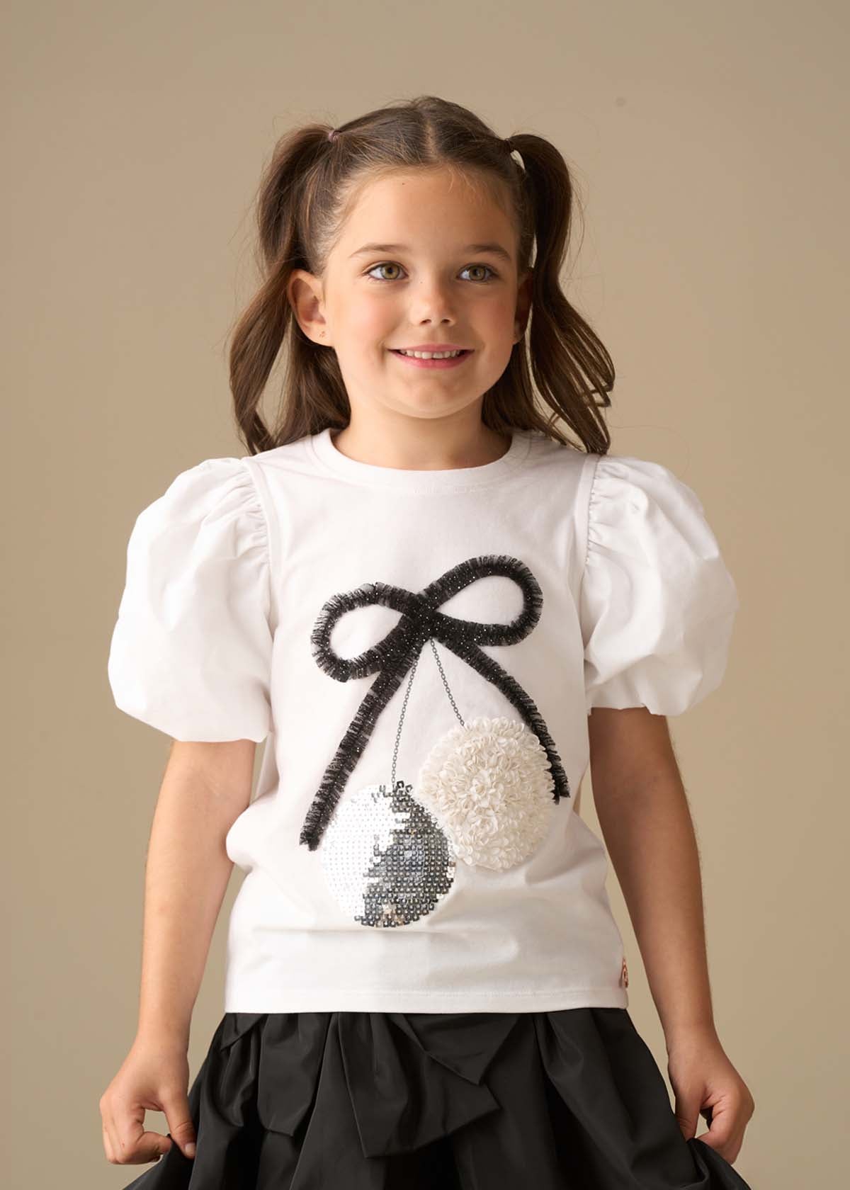 Elodie Disco Ball Embellished Puff Sleeve Tee - White