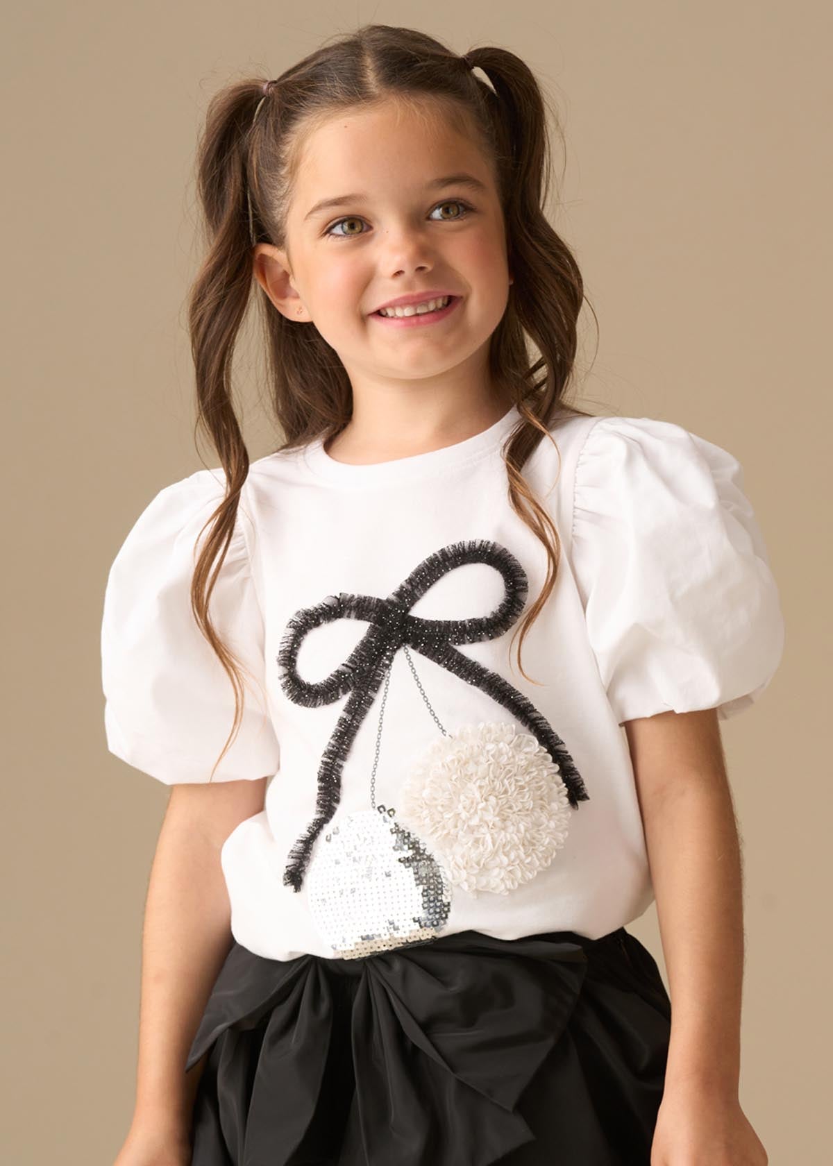 Elodie Disco Ball Embellished Puff Sleeve Tee - White