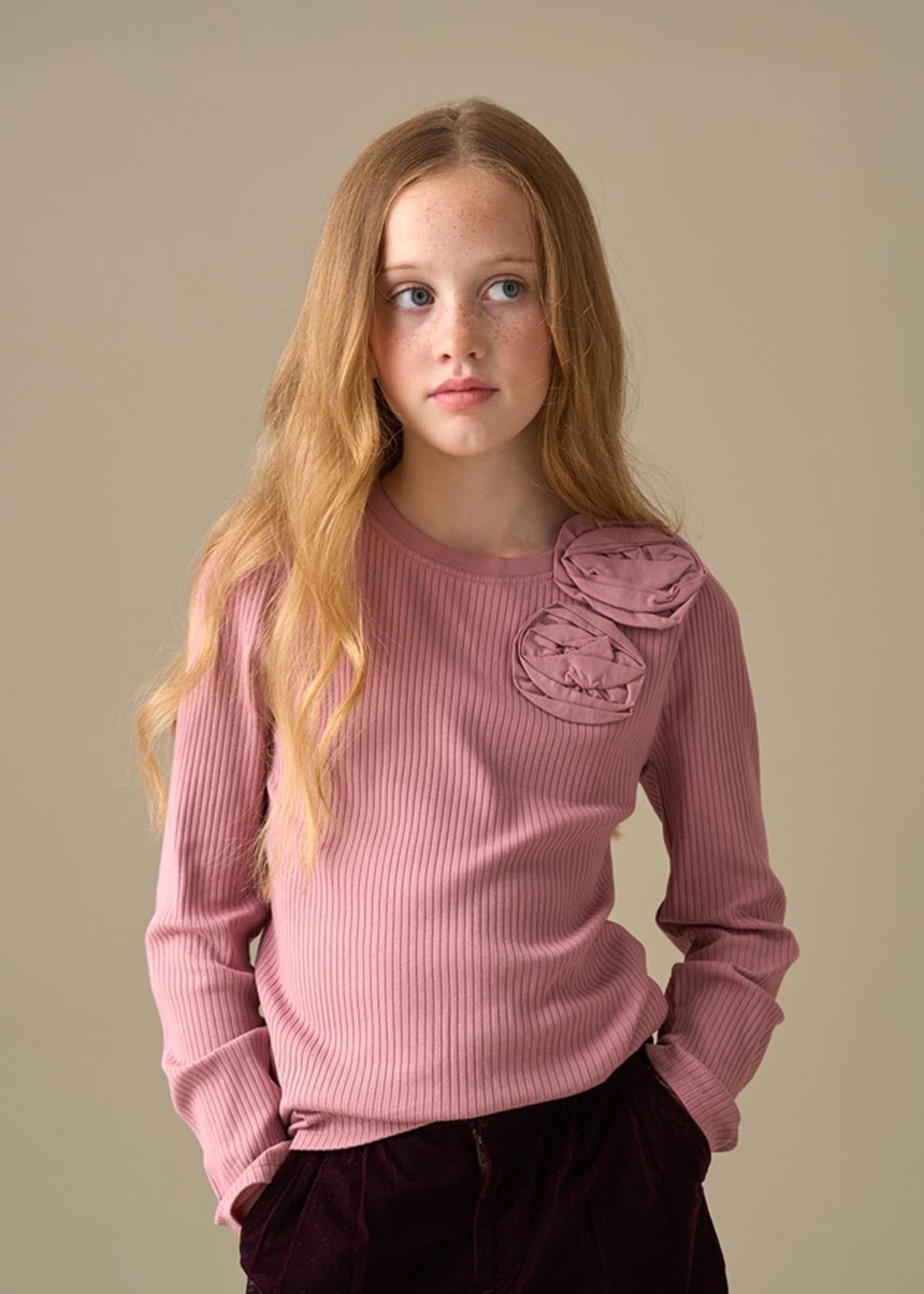 Lizzy Corsage Rib Ls Top - Rose