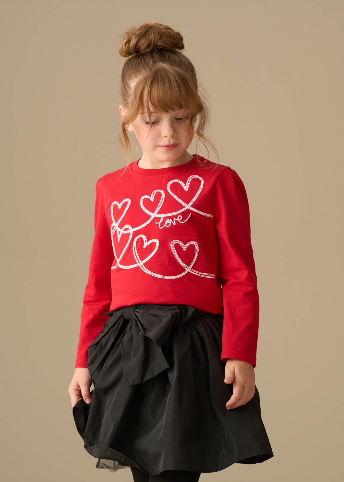 Noelle Sequin Heart Long Sleeve Top - Red