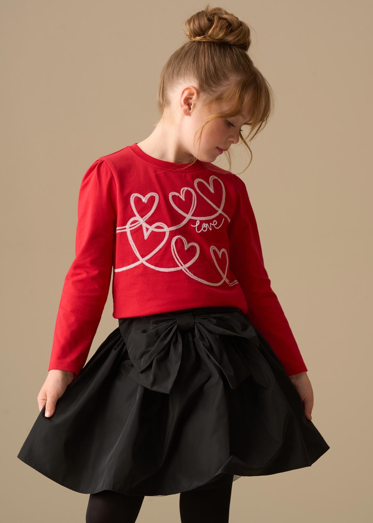 Noelle Sequin Heart Long Sleeve Top - Red