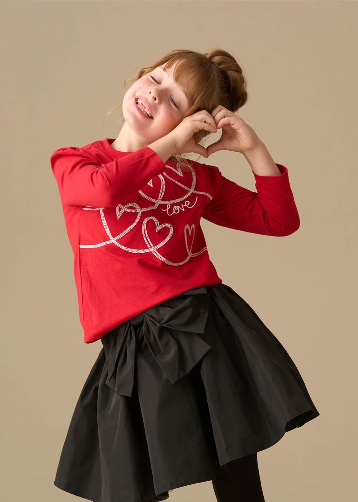 Noelle Sequin Heart Long Sleeve Top - Red