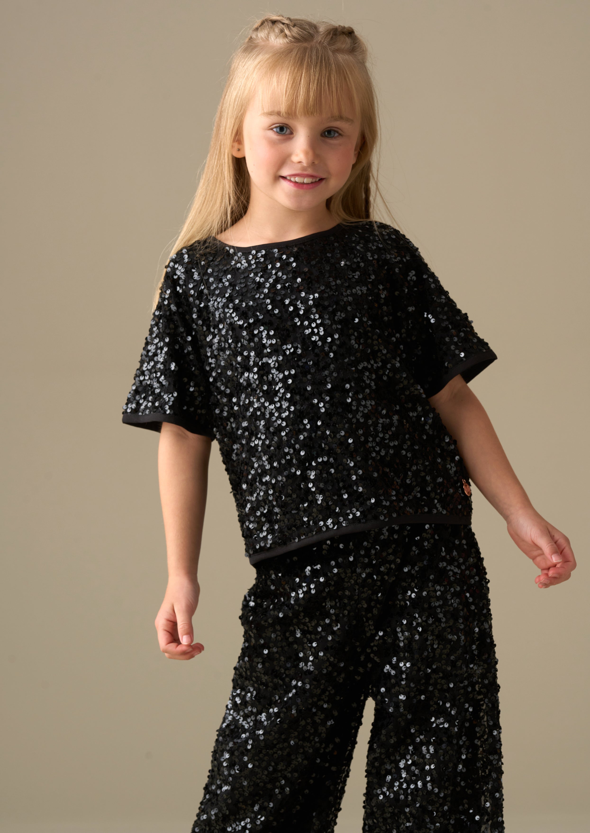 half-sleeve girl black sequin top