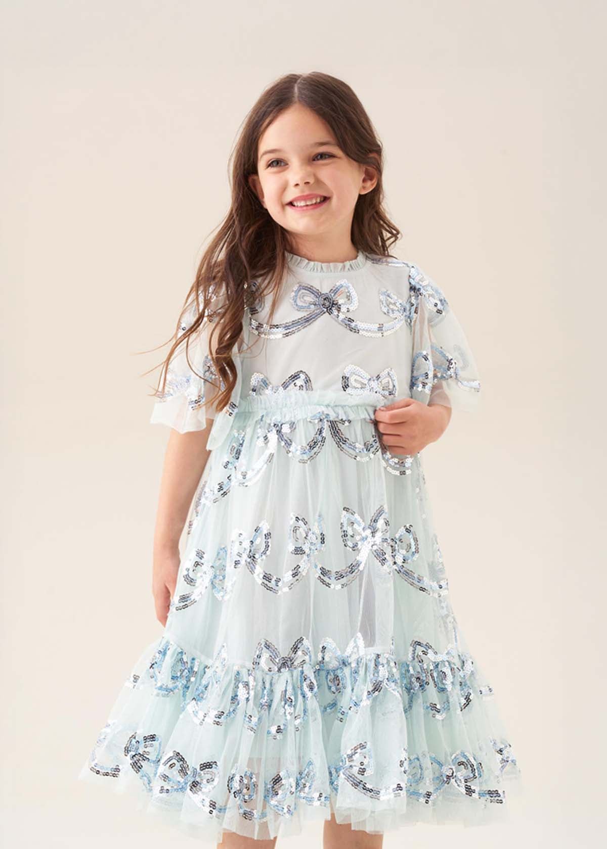 Delta Mint Sequin Bow Mesh Dress