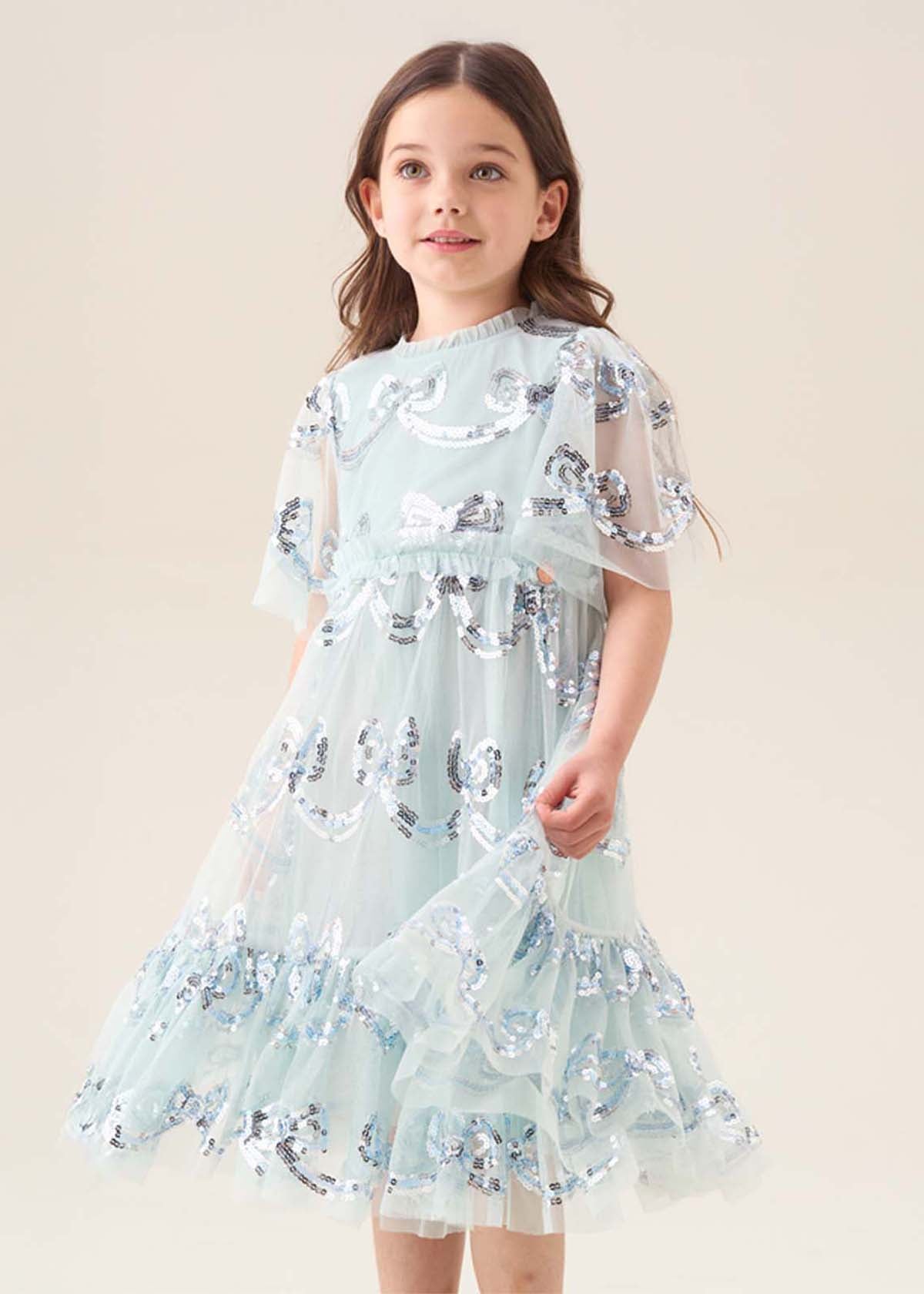 Delta Mint Sequin Bow Mesh Dress