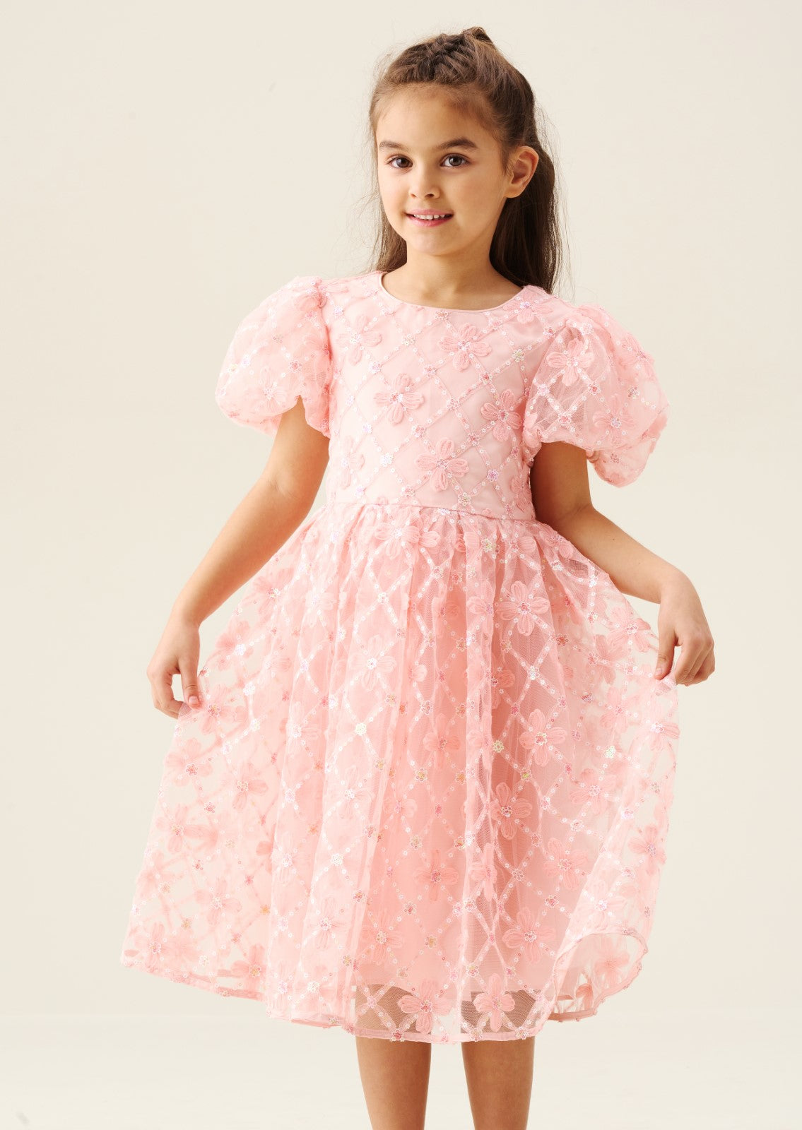 Francine Embellished Puff Sleeve Pink Dress - Angel & Rocket