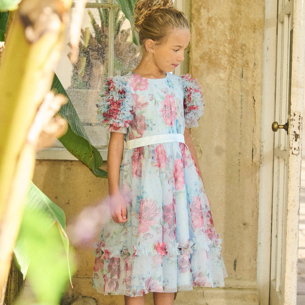 florence ivory ruffle sleeve mesh dress Blue Ivory/Rose Gold