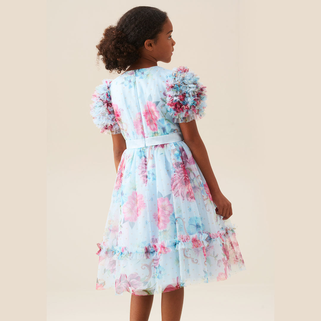 Florence Blue Ruffle Sleeve Mesh Dress