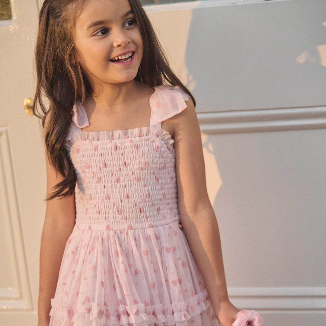 Vivi Heart Flock Tie Shoulder Mesh Dress