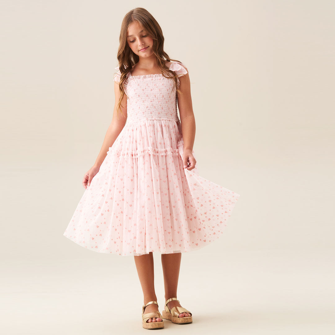 Vivi Heart Flock Tie Shoulder Mesh Dress