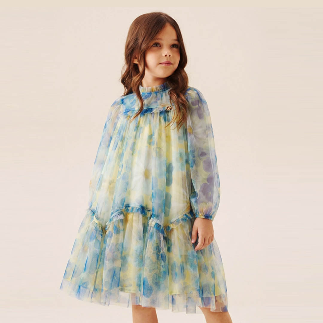 Beatrice Yellow Mesh Frill Daisy Print Dress