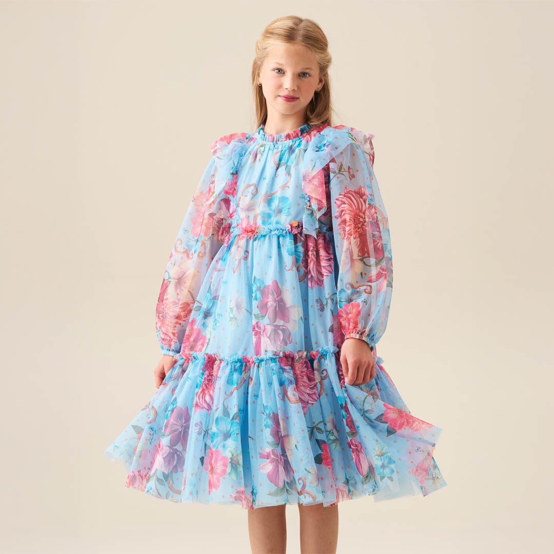 Alessia Blue Floral Print Mesh Dress