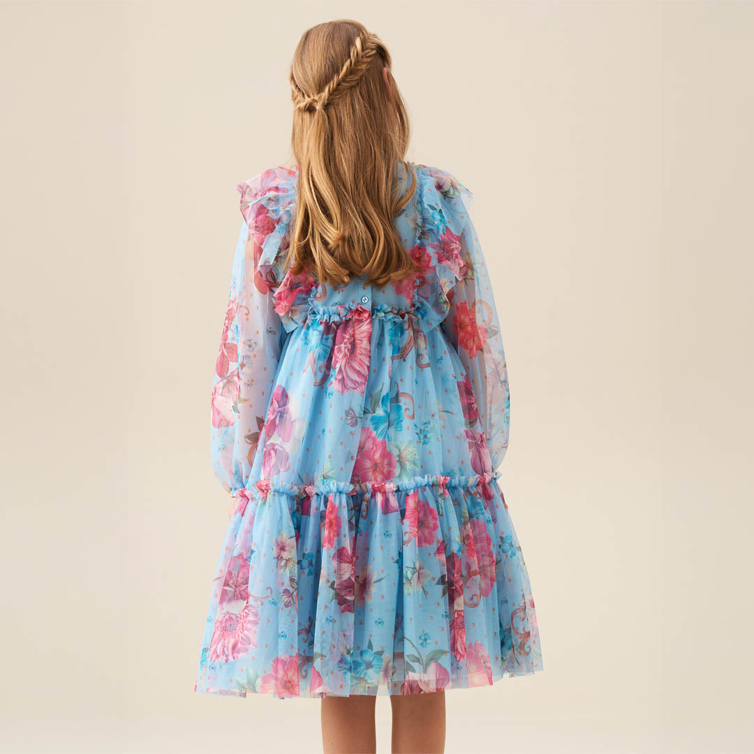 Alessia Floral Print Blue Mesh Dress - Angel & Rocket