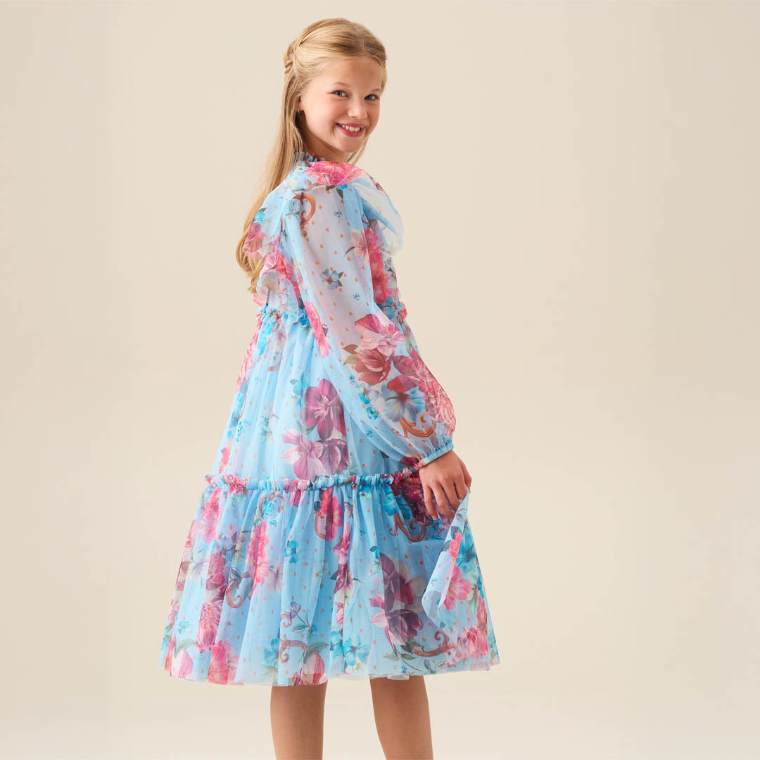 Alessia Floral Print Blue Mesh Dress - Angel & Rocket