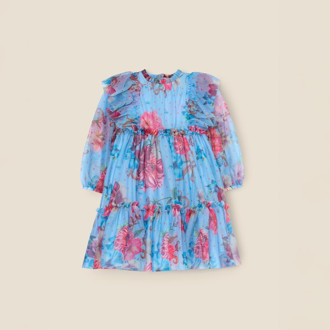 Alessia Floral Print Blue Mesh Dress - Angel & Rocket